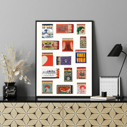 This curated image showcases a charming collection of various vintage and decorative matchbox desig… for office