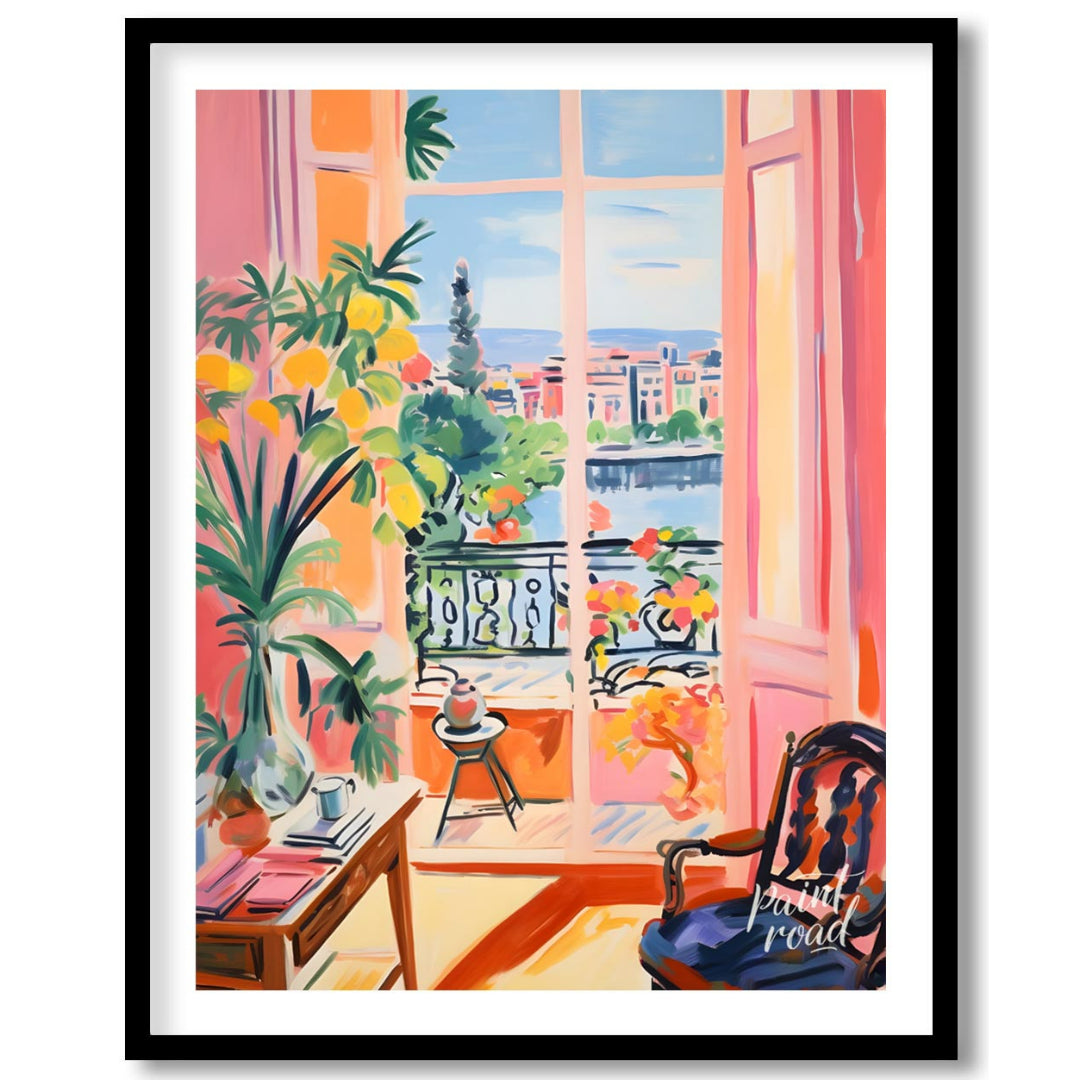 This vibrant painting captures an idyllic scene through an open balcony, blending interior comfort … for area