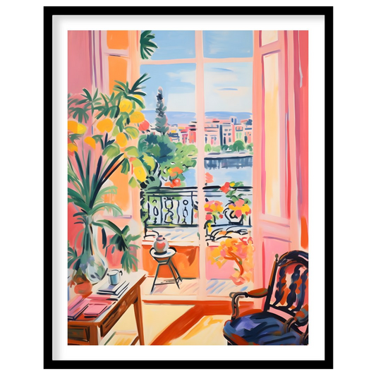 This vibrant painting captures an idyllic scene through an open balcony, blending interior comfort … for area