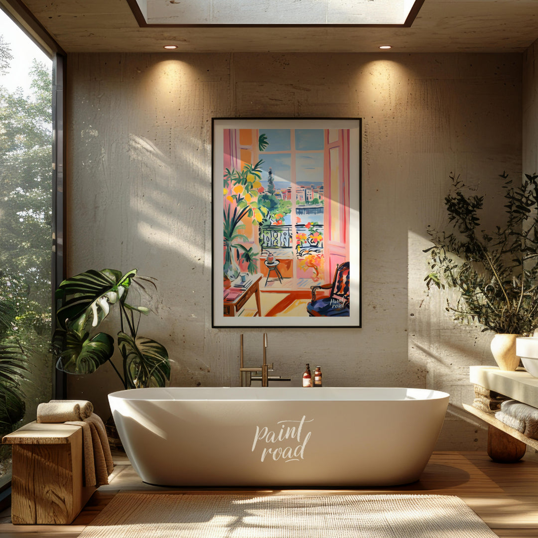 This vibrant painting captures an idyllic scene through an open balcony, blending interior comfort … for bathroom