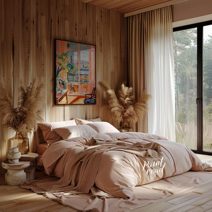 This vibrant painting captures an idyllic scene through an open balcony, blending interior comfort … for bedroom