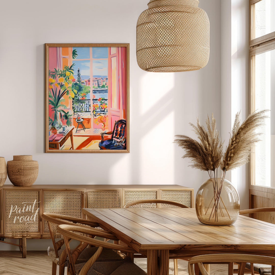 This vibrant painting captures an idyllic scene through an open balcony, blending interior comfort … for dining room