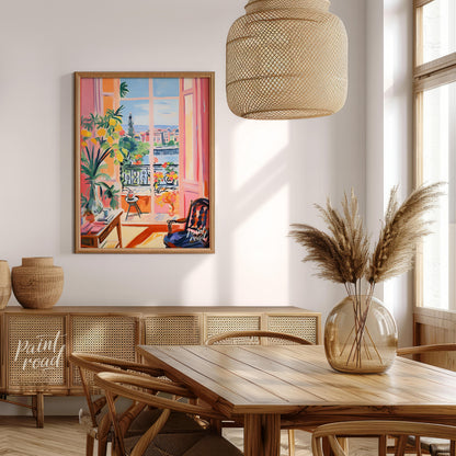 This vibrant painting captures an idyllic scene through an open balcony, blending interior comfort … for dining room