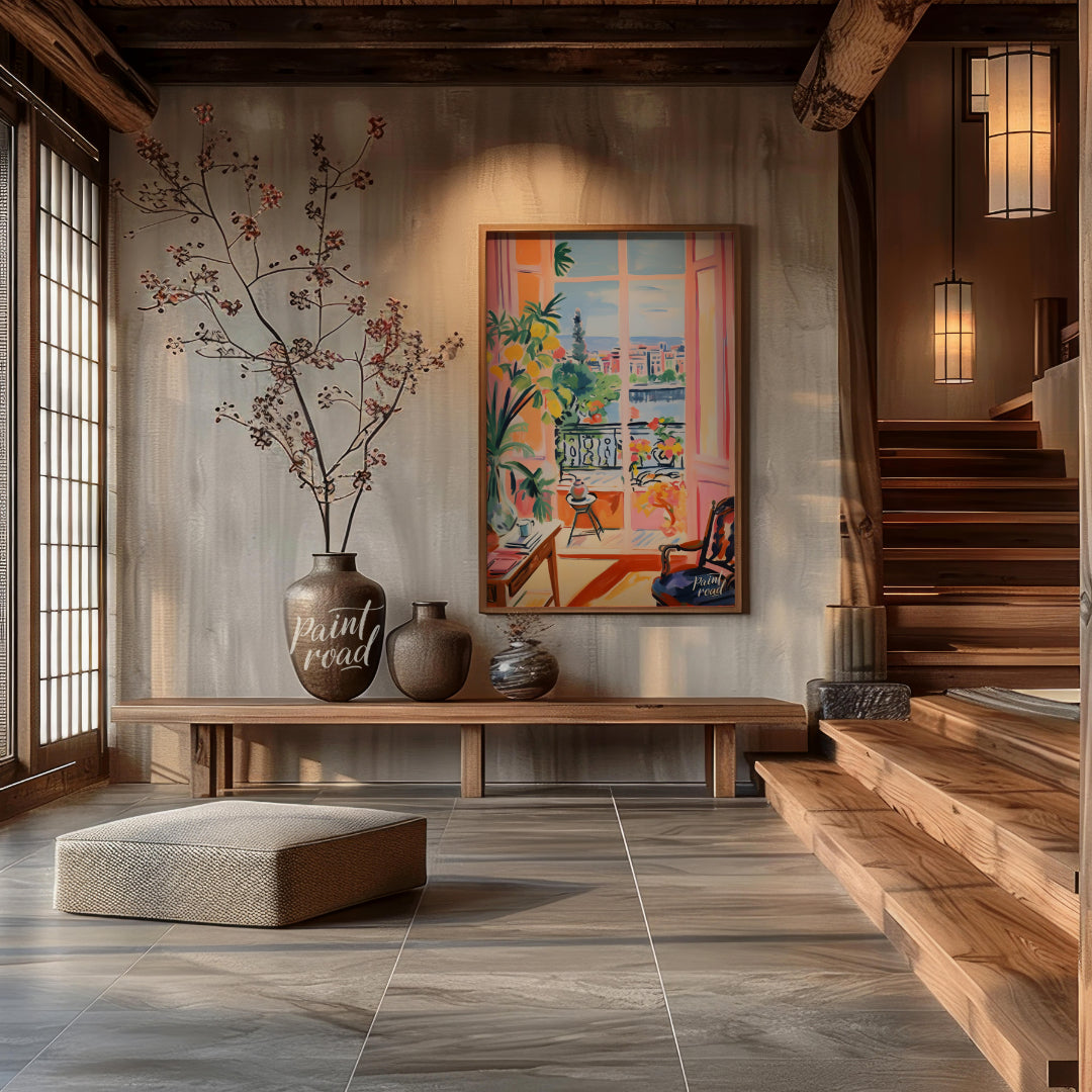 This vibrant painting captures an idyllic scene through an open balcony, blending interior comfort … for entryway
