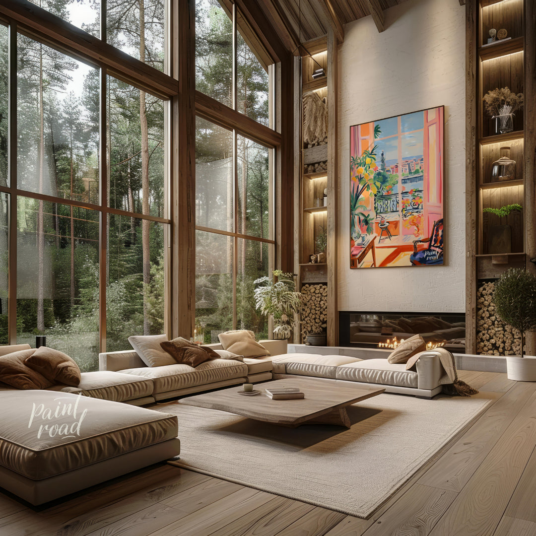 This vibrant painting captures an idyllic scene through an open balcony, blending interior comfort … for living room