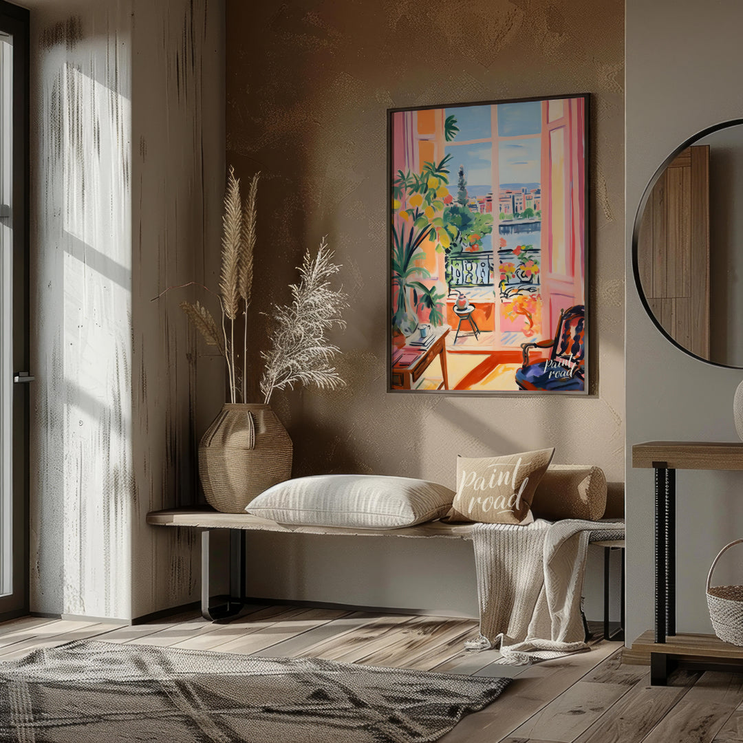 This vibrant painting captures an idyllic scene through an open balcony, blending interior comfort … for living room