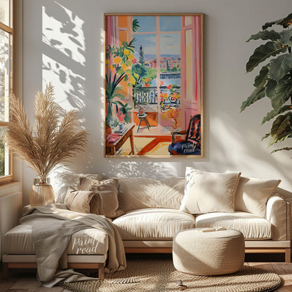 This vibrant painting captures an idyllic scene through an open balcony, blending interior comfort … for living room