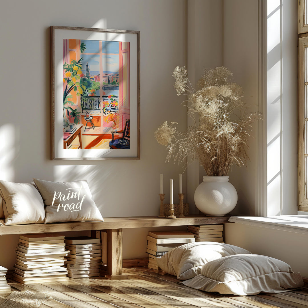 This vibrant painting captures an idyllic scene through an open balcony, blending interior comfort … for living room