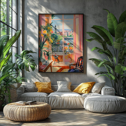 This vibrant painting captures an idyllic scene through an open balcony, blending interior comfort … for living room