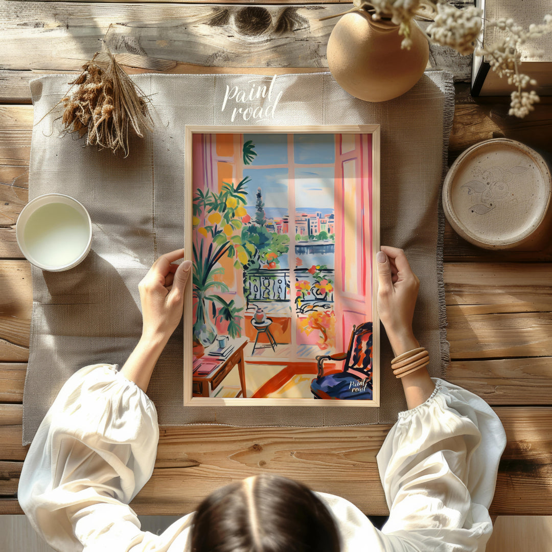 This vibrant painting captures an idyllic scene through an open balcony, blending interior comfort … for living room