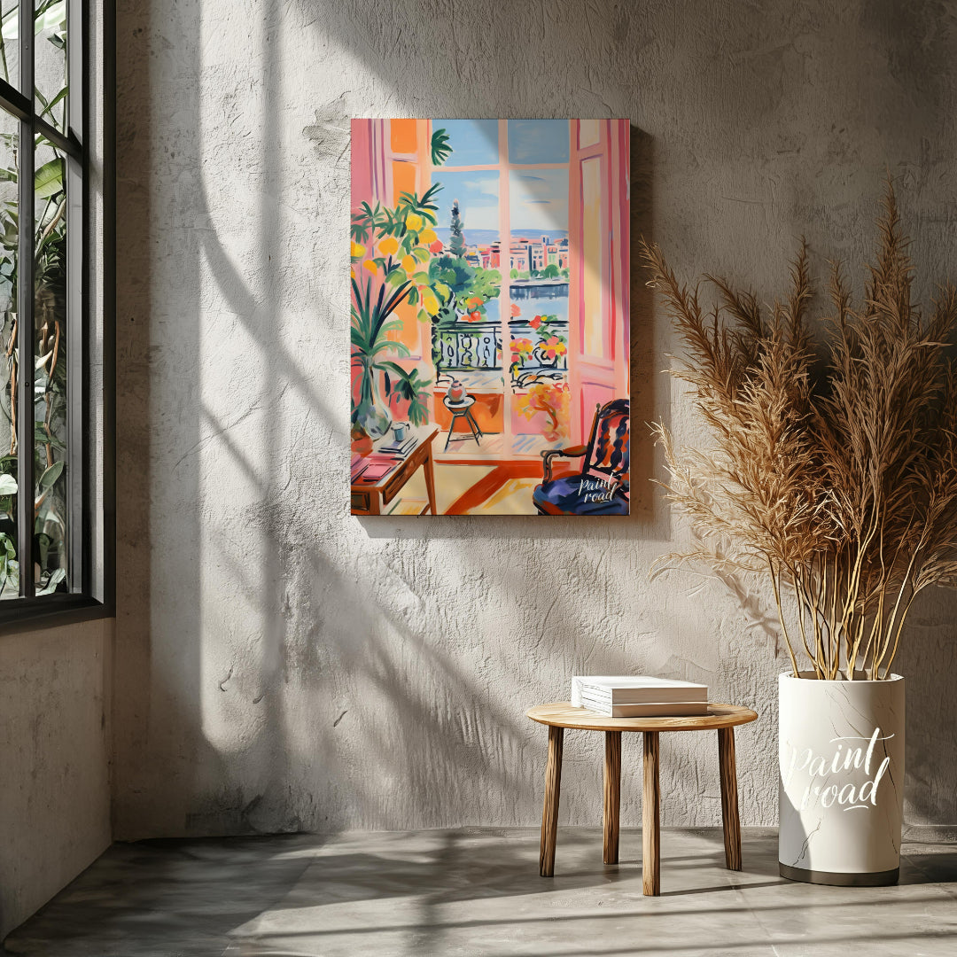 This vibrant painting captures an idyllic scene through an open balcony, blending interior comfort … for living room