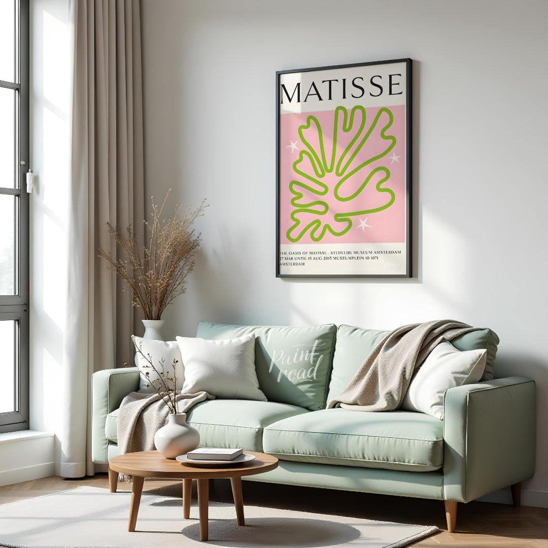This poster showcases a captivating Matisse-inspired cut-out design, featuring a vibrant green, org… for living room
