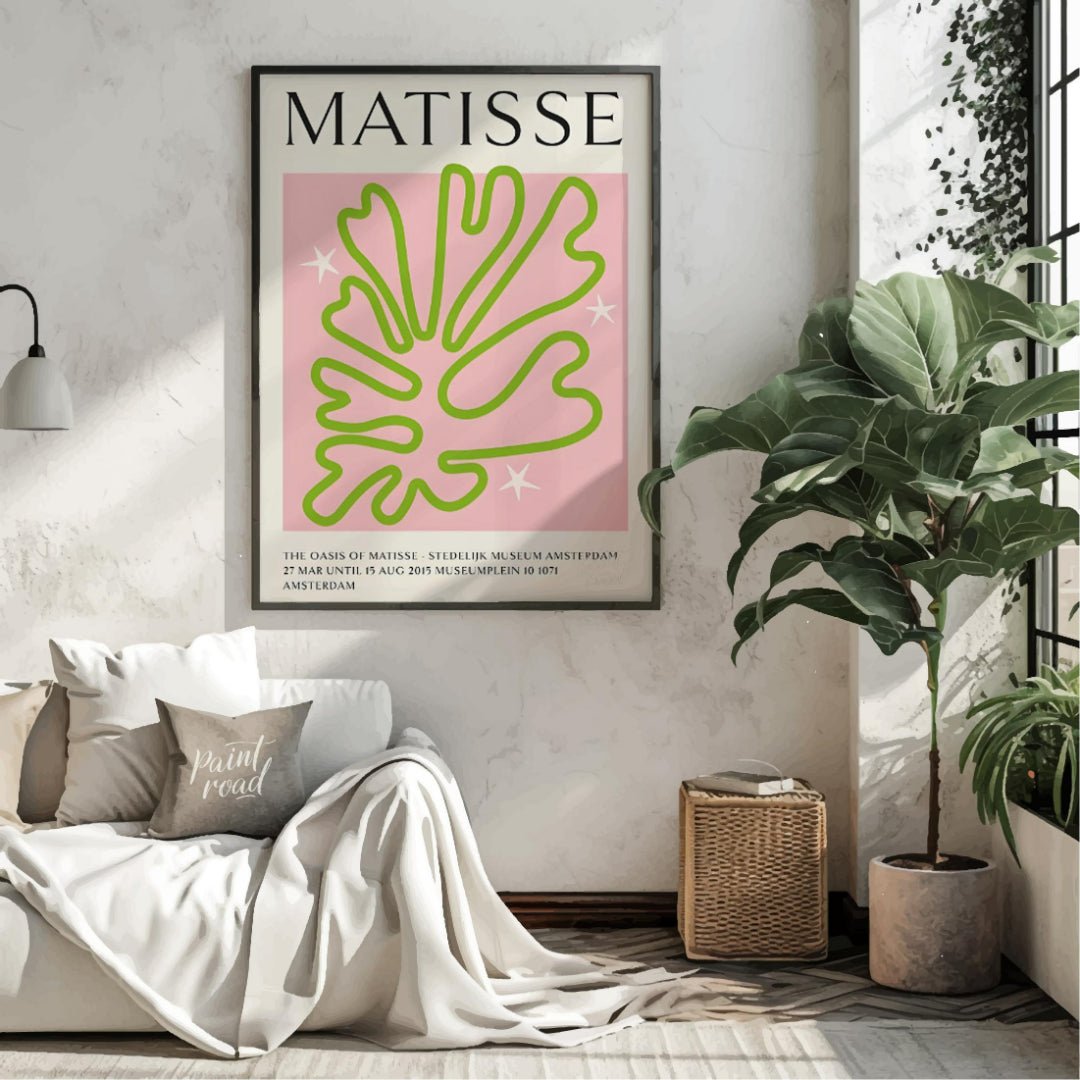 This poster showcases a captivating Matisse-inspired cut-out design, featuring a vibrant green, org… for living room