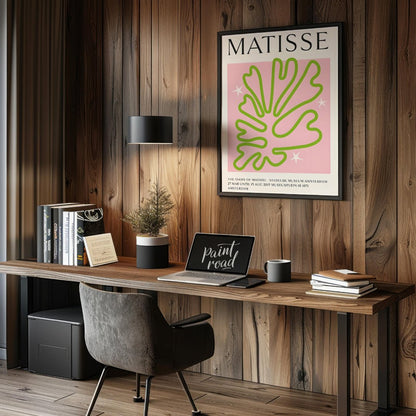 This poster showcases a captivating Matisse-inspired cut-out design, featuring a vibrant green, org… for office