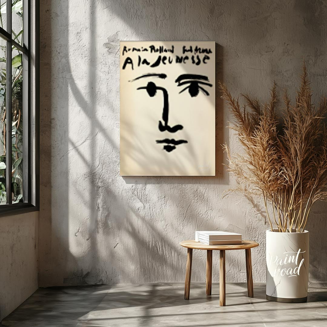 This image displays a minimalist yet impactful cover design for “Romain Rolland: À la jeunesse” (To… for living room