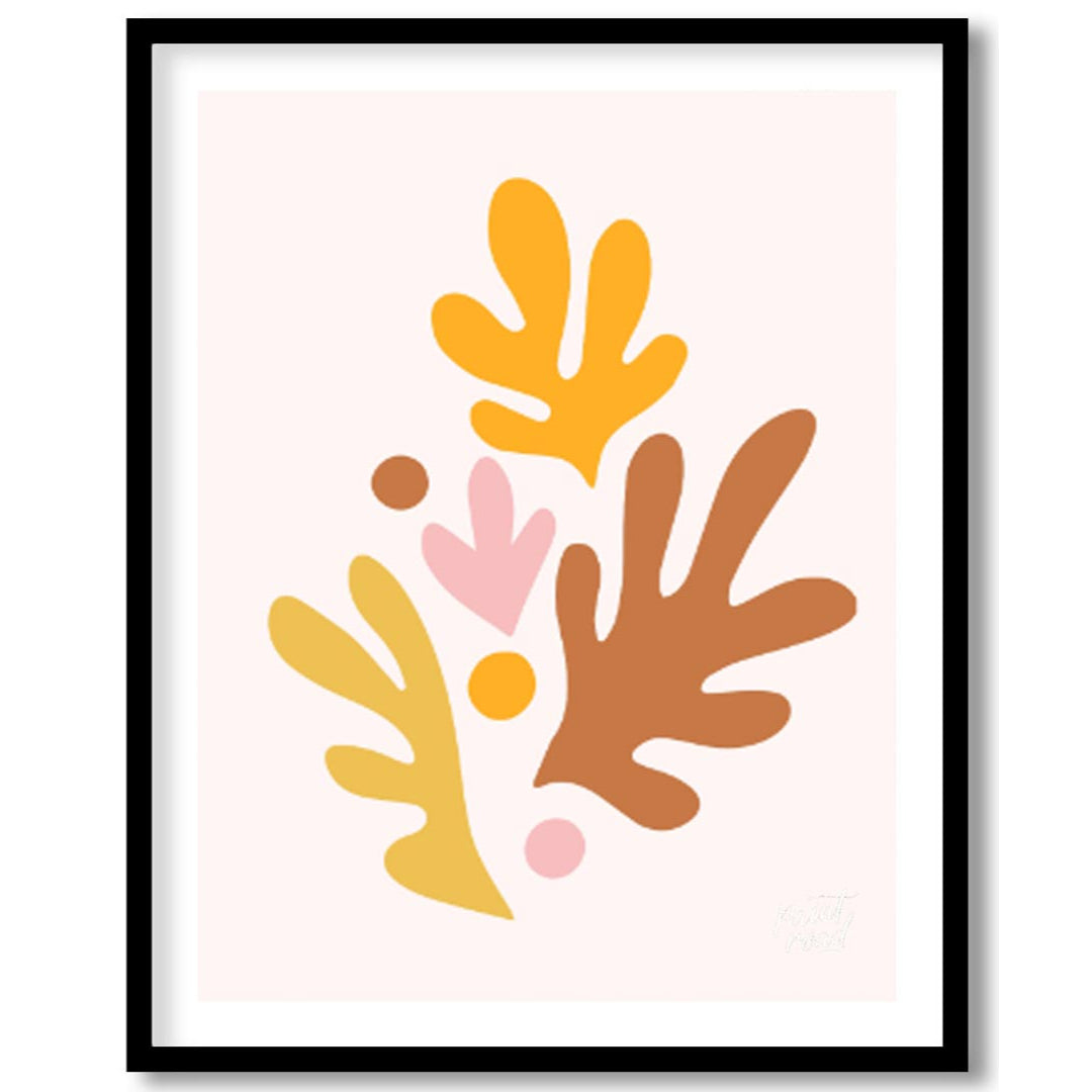 This cheerful and artistic print features a vibrant arrangement of abstract leaf and organic shapes… for area