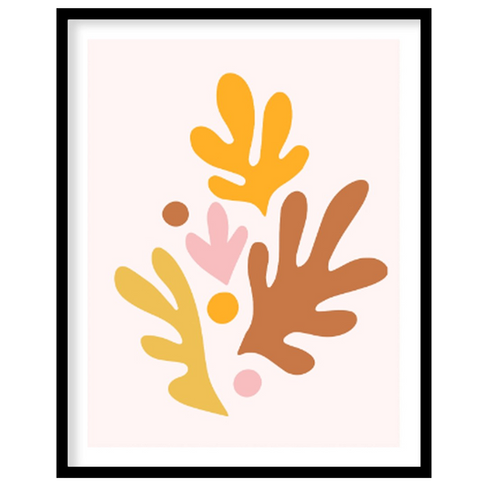 This cheerful and artistic print features a vibrant arrangement of abstract leaf and organic shapes… for area