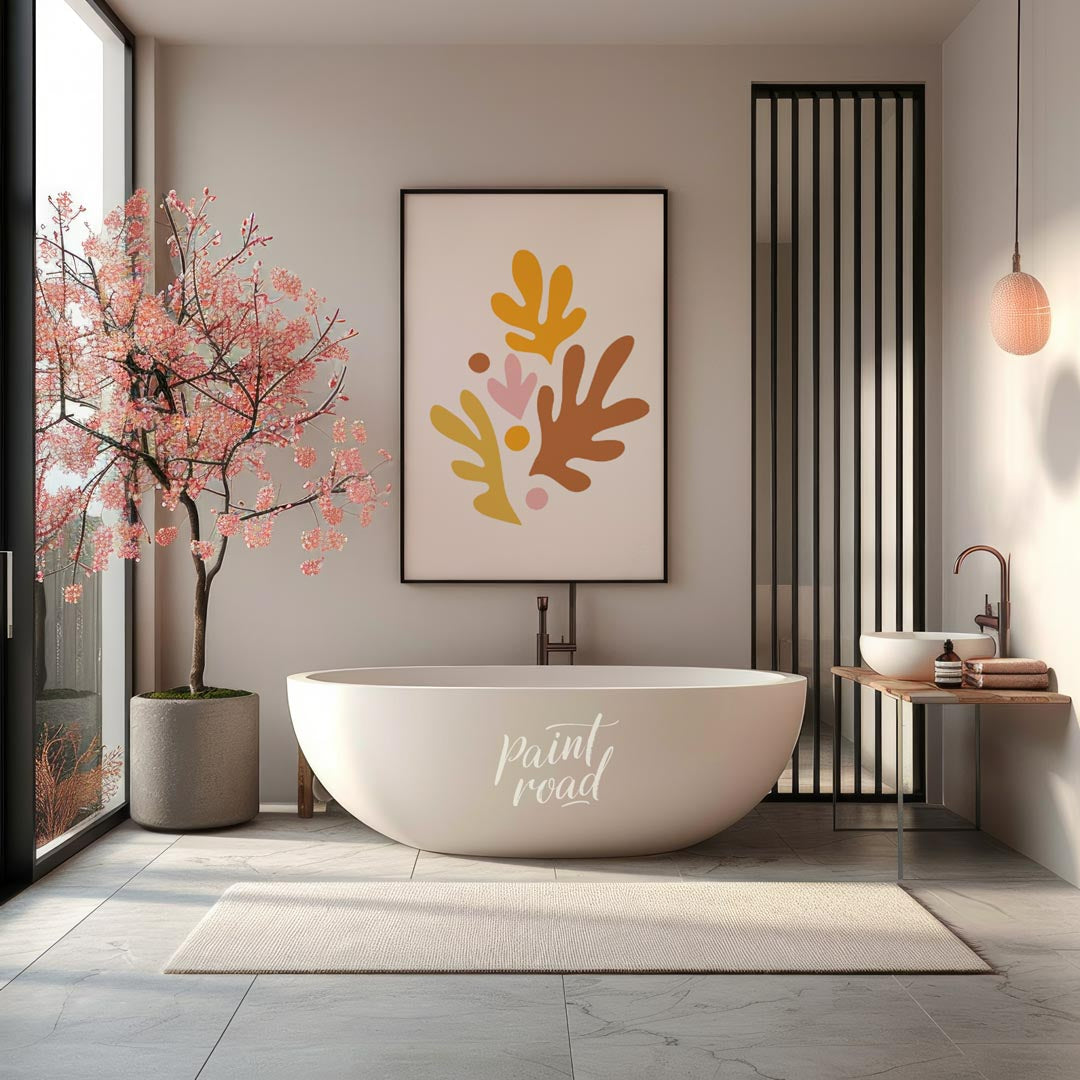 This cheerful and artistic print features a vibrant arrangement of abstract leaf and organic shapes… for bathroom