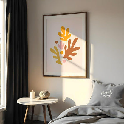This cheerful and artistic print features a vibrant arrangement of abstract leaf and organic shapes… for bedroom