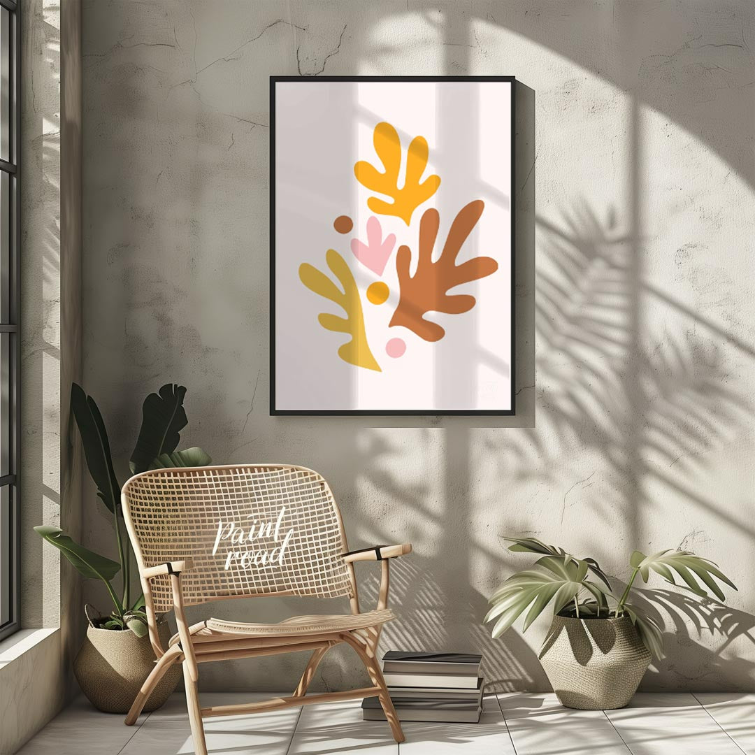 This cheerful and artistic print features a vibrant arrangement of abstract leaf and organic shapes… for living room