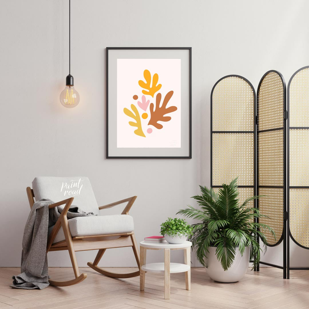 This cheerful and artistic print features a vibrant arrangement of abstract leaf and organic shapes… for living room
