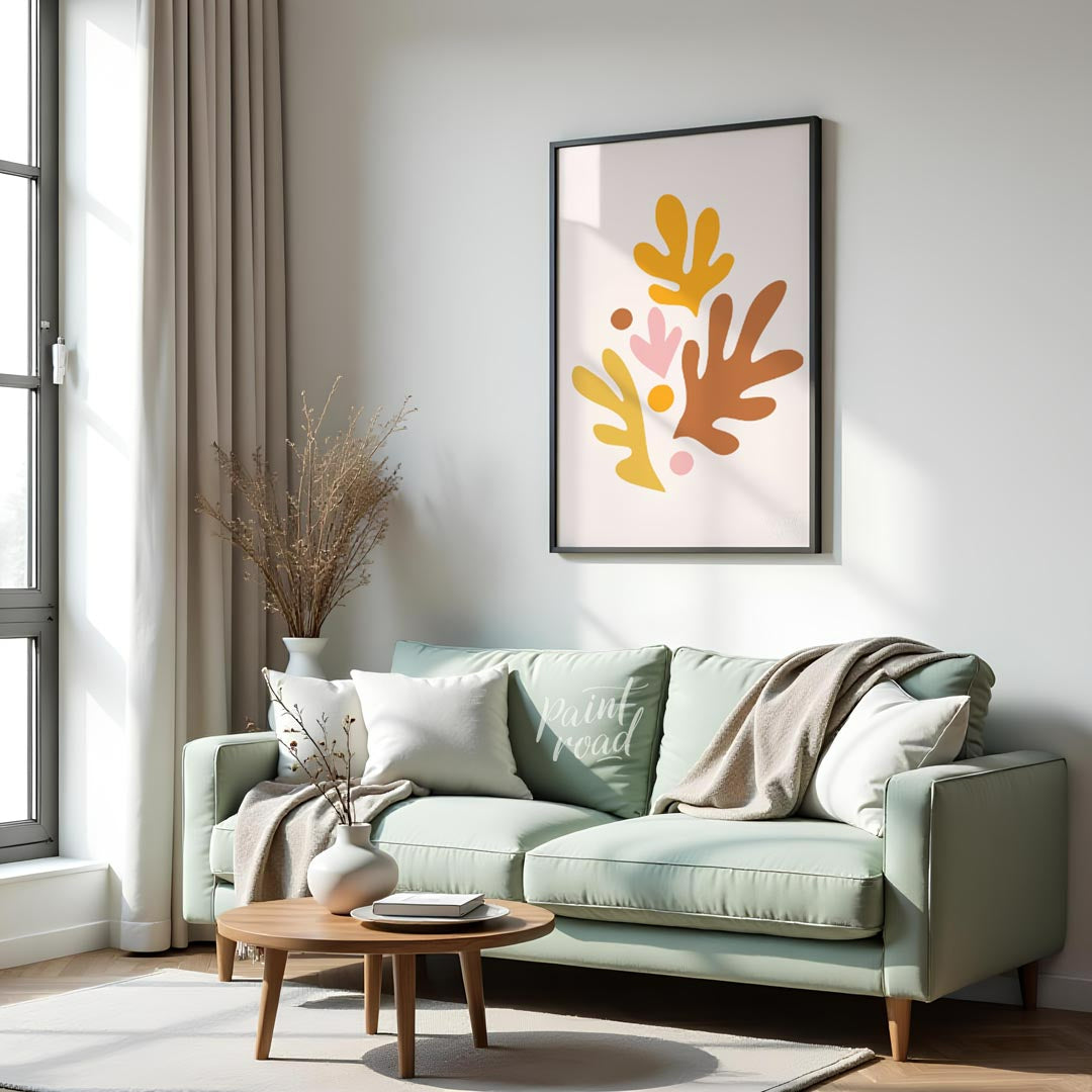 This cheerful and artistic print features a vibrant arrangement of abstract leaf and organic shapes… for living room