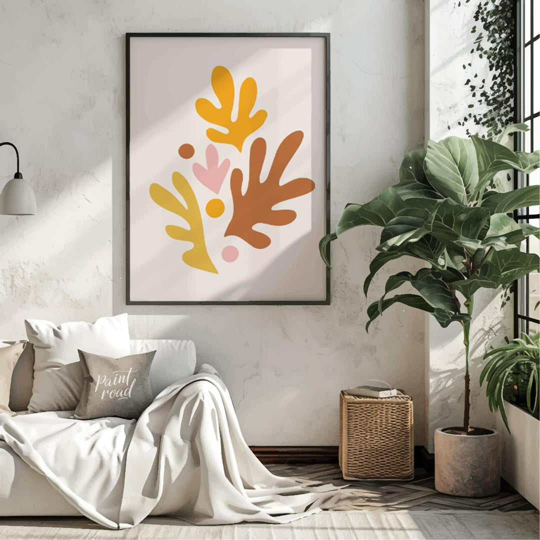 This cheerful and artistic print features a vibrant arrangement of abstract leaf and organic shapes… for living room