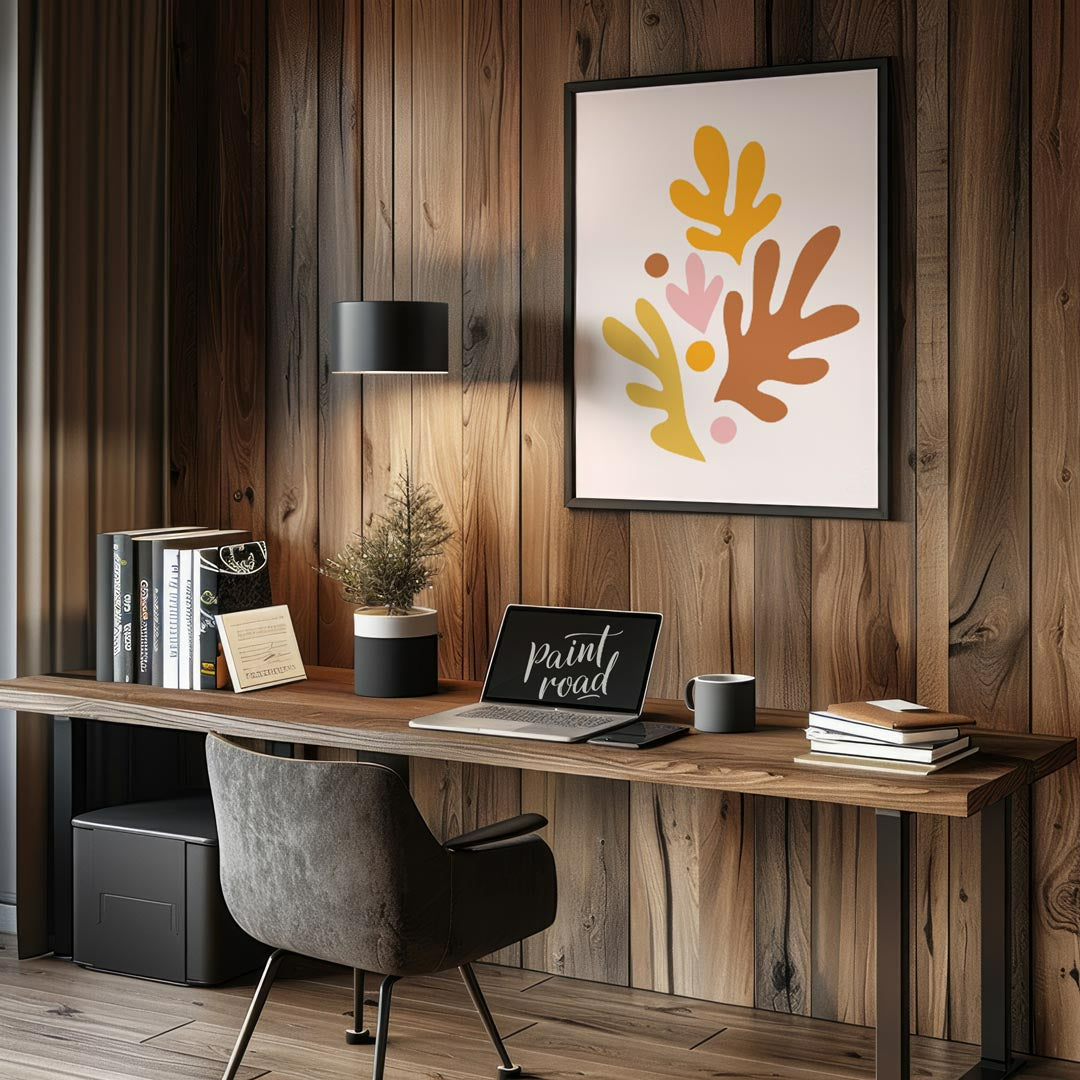 This cheerful and artistic print features a vibrant arrangement of abstract leaf and organic shapes… for office