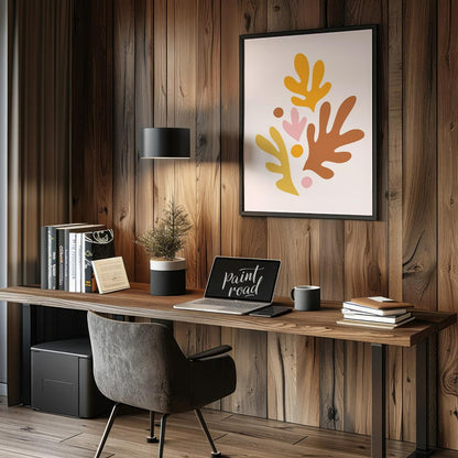 This cheerful and artistic print features a vibrant arrangement of abstract leaf and organic shapes… for office