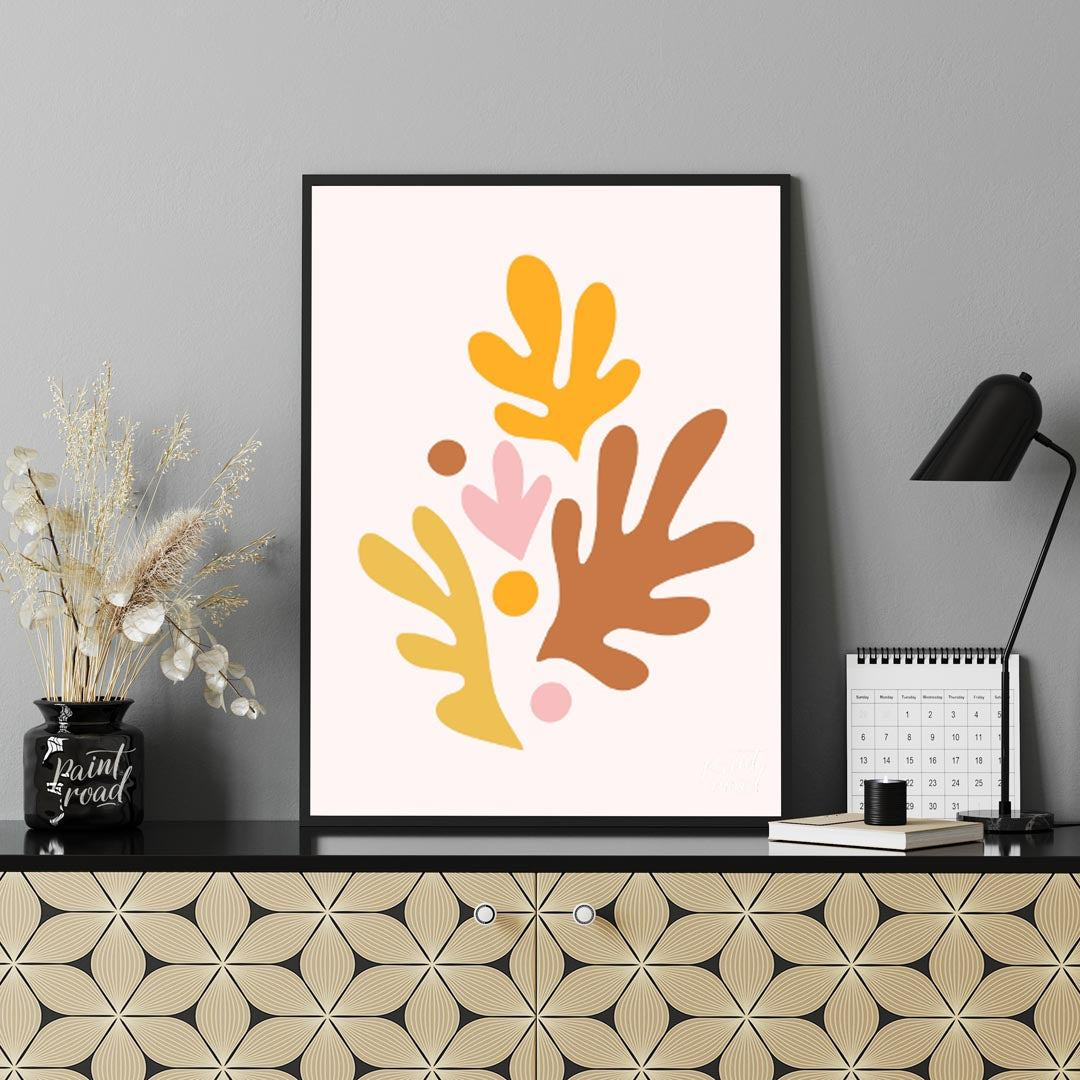 This cheerful and artistic print features a vibrant arrangement of abstract leaf and organic shapes… for office