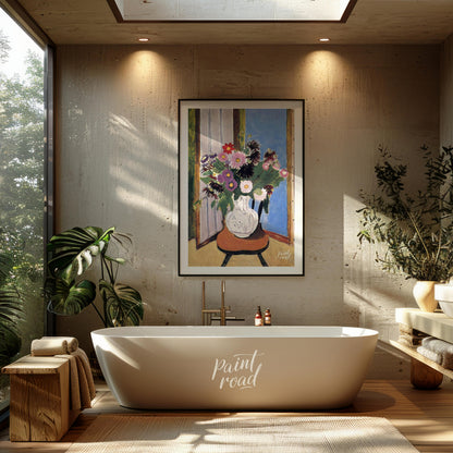 "This painting, ""Daisies"" by Henri Matisse, captures a vibrant bouquet of flowers in a vase, set … for bathroom