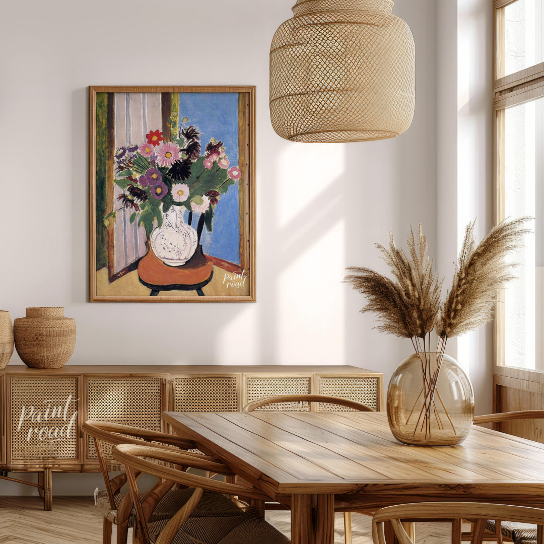 "This painting, ""Daisies"" by Henri Matisse, captures a vibrant bouquet of flowers in a vase, set … for dining room