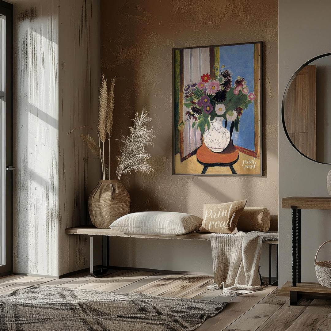 "This painting, ""Daisies"" by Henri Matisse, captures a vibrant bouquet of flowers in a vase, set … for entryway