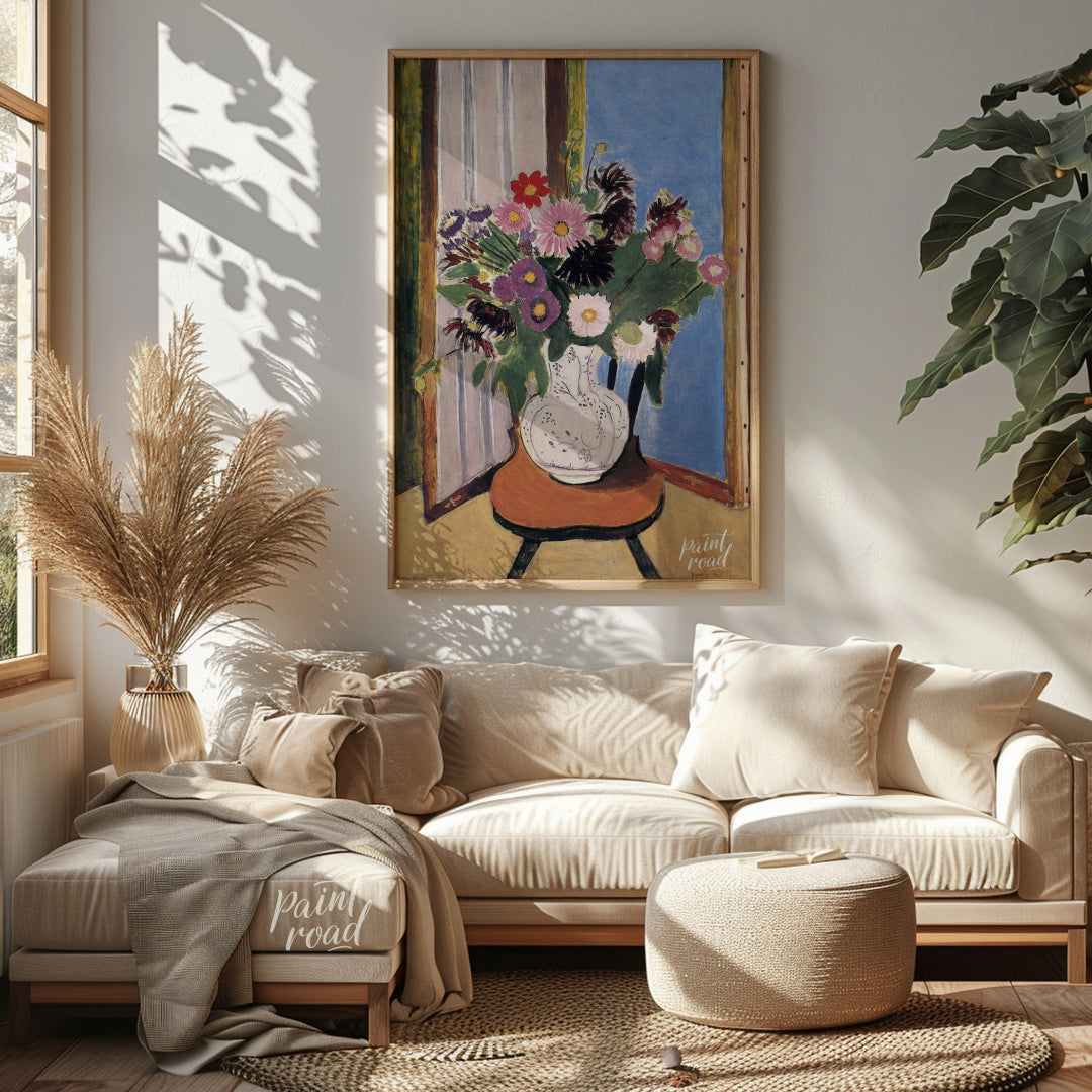 "This painting, ""Daisies"" by Henri Matisse, captures a vibrant bouquet of flowers in a vase, set … for living room