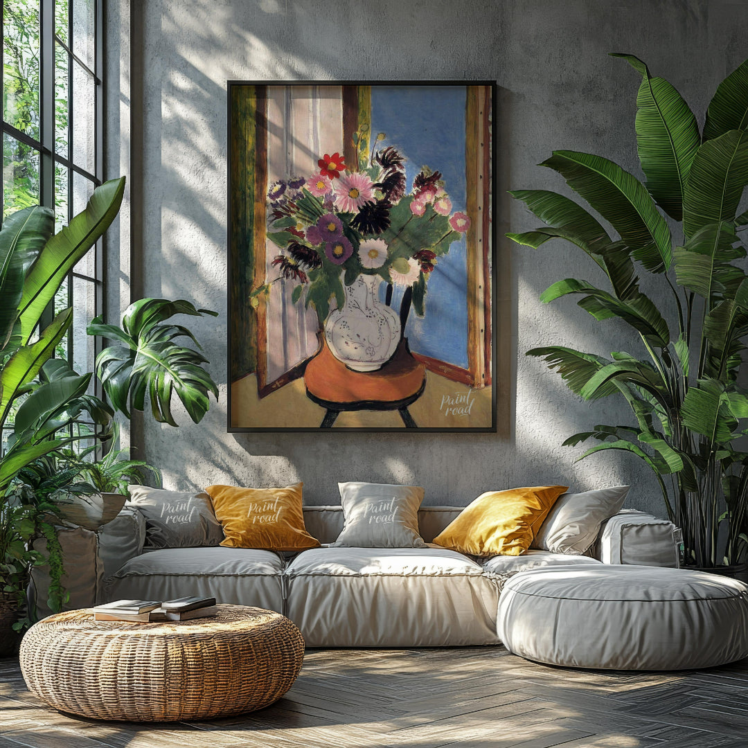 "This painting, ""Daisies"" by Henri Matisse, captures a vibrant bouquet of flowers in a vase, set … for living room
