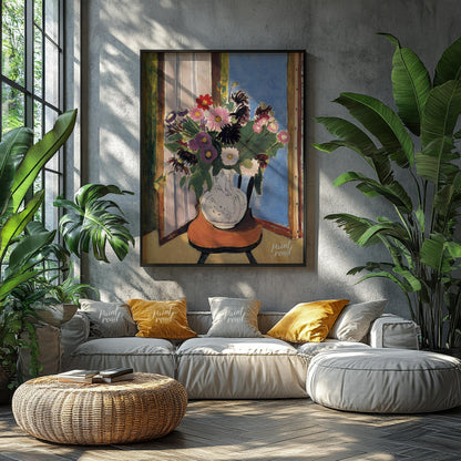 "This painting, ""Daisies"" by Henri Matisse, captures a vibrant bouquet of flowers in a vase, set … for living room