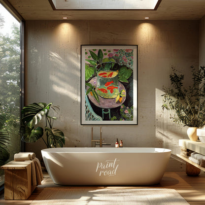 "This painting, ""Goldfish"" by Henri Matisse, captures a vibrant and playful scene with goldfish s… for bathroom