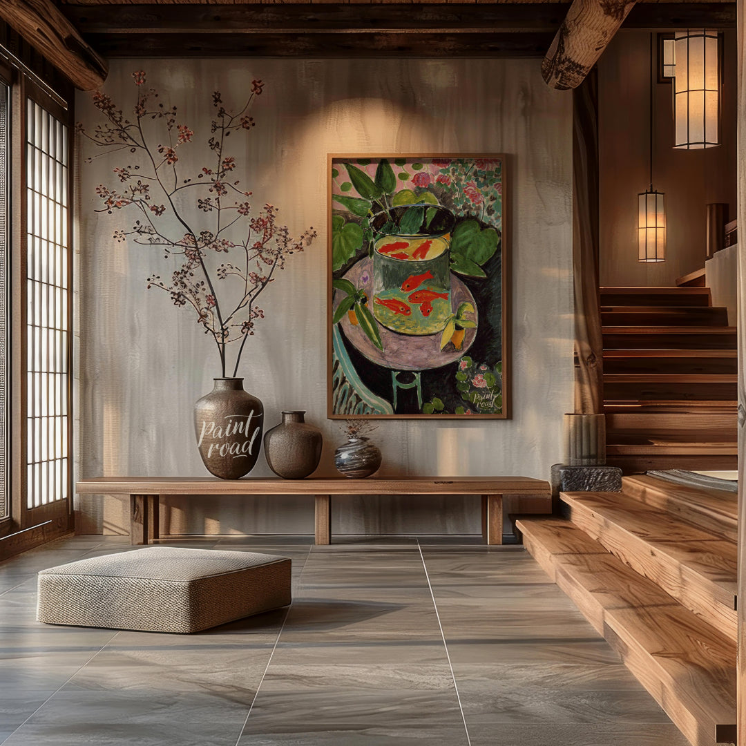 "This painting, ""Goldfish"" by Henri Matisse, captures a vibrant and playful scene with goldfish s… for entryway
