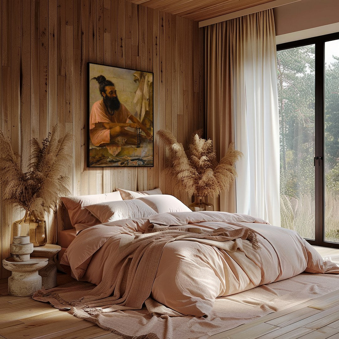 Immerse yourself in the serenity of contemplation with 'Meditative Monk in Earthy Hues.' This for Bedroom