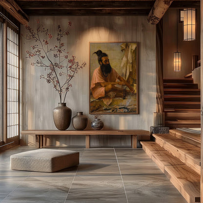 Immerse yourself in the serenity of contemplation with 'Meditative Monk in Earthy Hues.' This for Hall