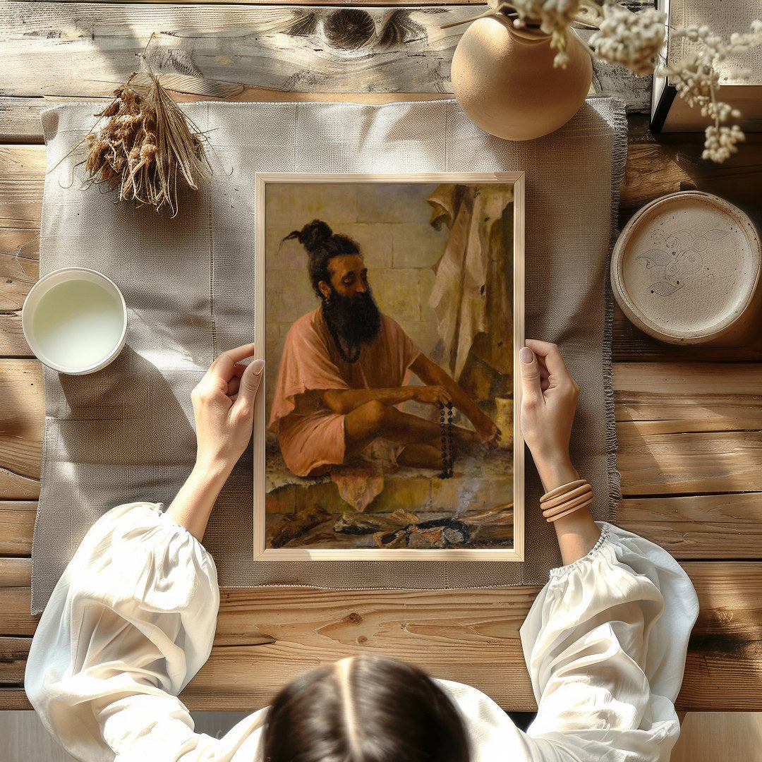 Immerse yourself in the serenity of contemplation with 'Meditative Monk in Earthy Hues.' This for Kitchen