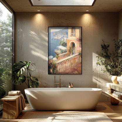 Experience the tranquil beauty of a Mediterranean seaside town with this impressionistic piece. for Bathroom