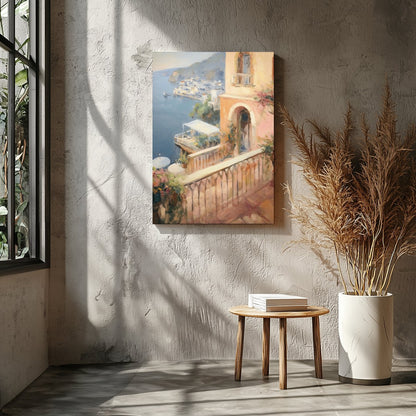 Experience the tranquil beauty of a Mediterranean seaside town with this impressionistic piece. for Entrance