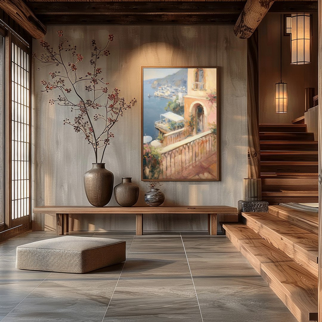 Experience the tranquil beauty of a Mediterranean seaside town with this impressionistic piece. for Hall