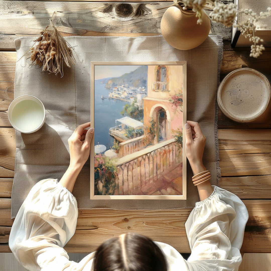 Experience the tranquil beauty of a Mediterranean seaside town with this impressionistic piece. for Kitchen