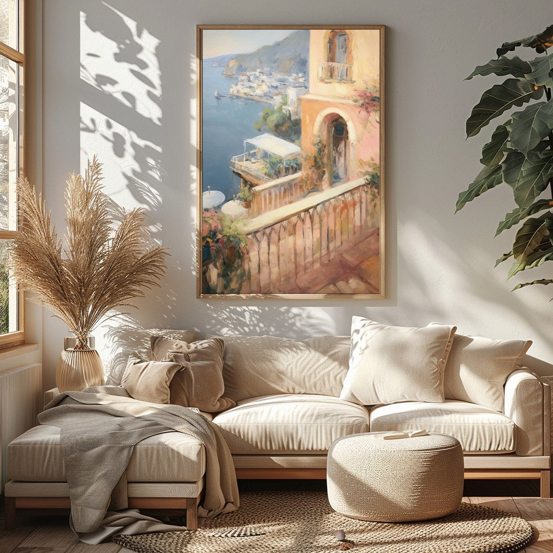 Experience the tranquil beauty of a Mediterranean seaside town with this impressionistic piece. for Sitting Area