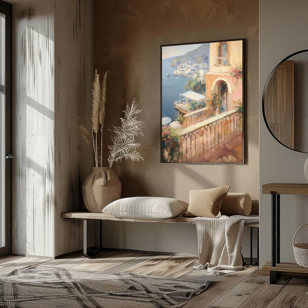 Experience the tranquil beauty of a Mediterranean seaside town with this impressionistic piece. for space