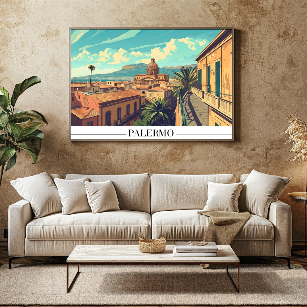Immerse yourself in the architectural beauty of Palermo with this exquisite piece. The warm tones for Family Room