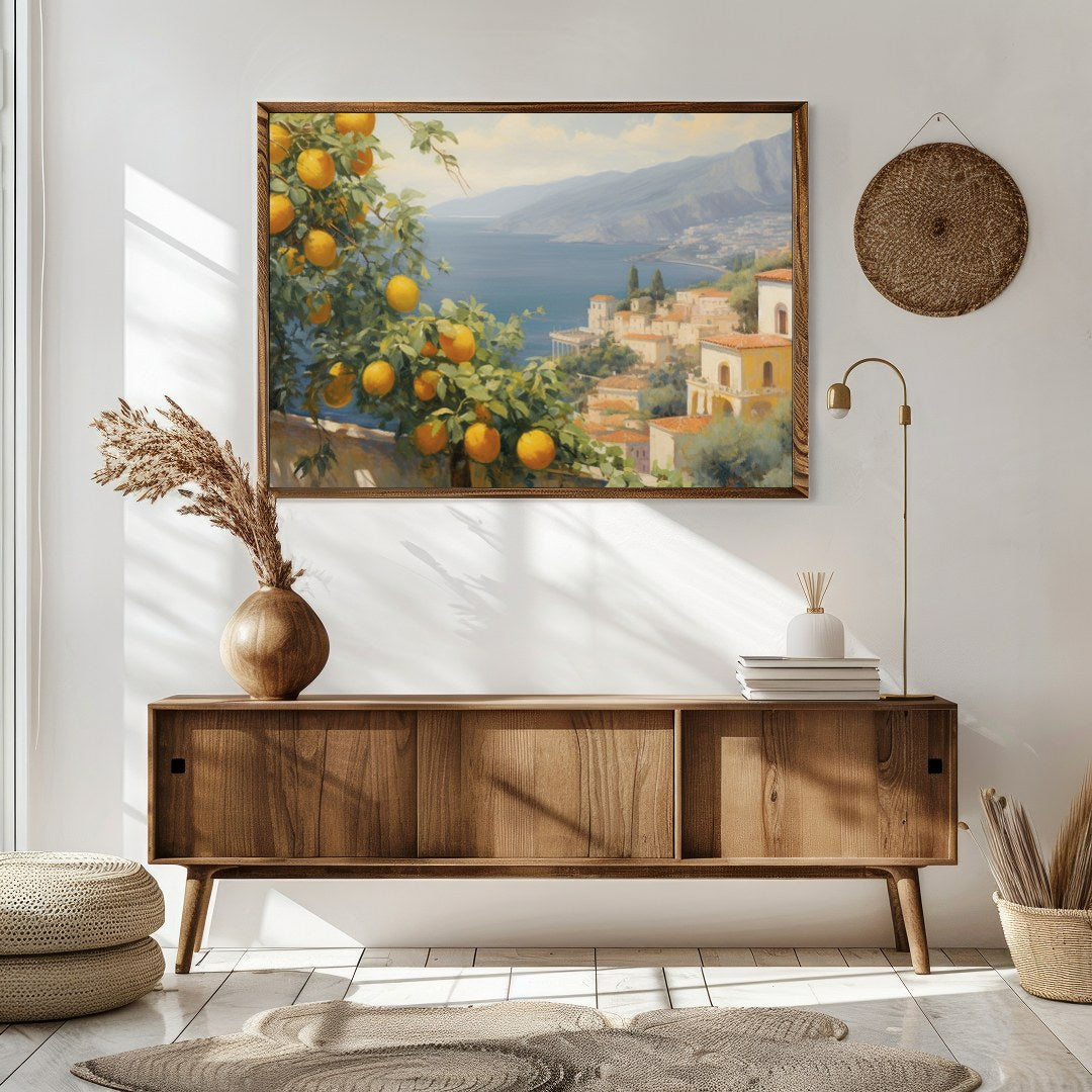 Experience the serene beauty of the Mediterranean coast with this captivating artwork. Featuring for Sitting Area