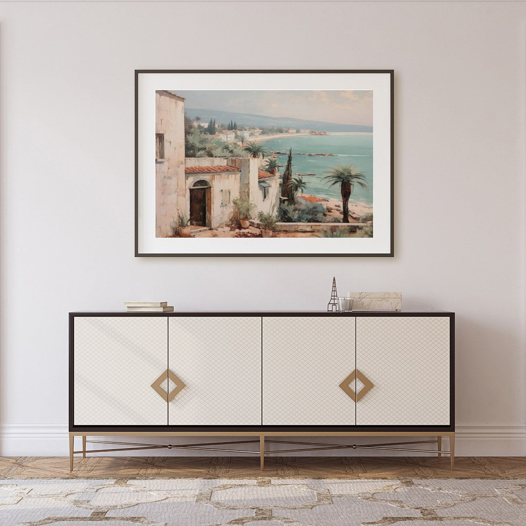 Experience the serenity of the coast with this beautifully detailed artwork capturing a for Foyer